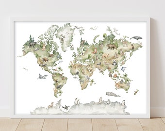 Könnte beinhalten: Eine Aquarell-Weltkarte mit verschiedenen Tieren und Pflanzen aus verschiedenen Kontinenten. Die Karte ist auf weißem Papier gedruckt und in einem weißen Rahmen gerahmt.