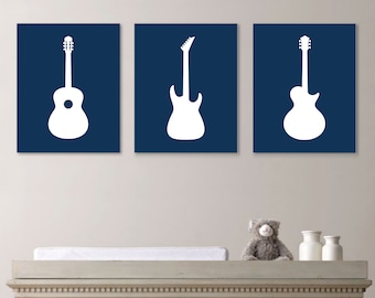 Guitar Nursery Art Print Set – Navy Blue Rock and Roll Decor