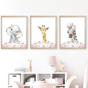 Floral Safari Animal Nursery Prints. Girls Nursery Decor, Girls Safari Nursery Decor, Girls Bedroom Prints, Flower Nursery Art Prints