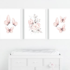 Butterfly Floral Nursery Print Set, Baby Girl Wall Decor, Blush Flowers and Butterfly Prints, Baby Girl Shower Gift, Butterfly Nursery