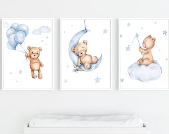 Boy Teddy Bear Prints Set of 3, Bear Nursery Decor, Baby Boy Prints, New Baby Print, Blue Nursery Decor, Balloon Nursery Decor, Boy Decor