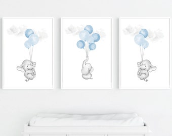 Blue Nursery Wall Art, Elephant Nursery Decor, Elephant Nursery Wall Art, Boy Nursery Decor, Boy Nursery Art, Animal Prints, Elephant Prints