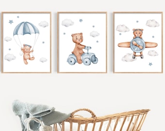 Teddy Bear Nursery Prints, Bear Nursery Decor, Boy Nursery Decor, Nursery Wall Art, Animal Nursery Wall Art Prints, Transportation Nursery