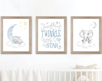 Blue Nursery Prints, Boy Baby Room Decor, Elephant Nursery Prints, Nursery Decor Boy, Nursery Art, Clouds and Stars Prints, Elephant Art