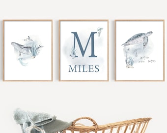 Nautical Nursery Print Set, Ocean Animals, Watercolor Art