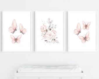 Butterfly Floral Nursery Print Set, Baby Girl Wall Decor, Blush Flowers and Butterfly Prints, Baby Girl Shower Gift, Butterfly Nursery
