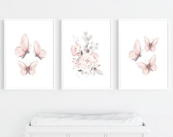 Butterfly Floral Nursery Print Set, Blush Pink Baby Girl Decor, Coquette Nursery Art, Cottagecore Nursery Decor