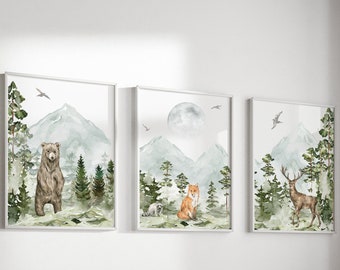 Mountain Forest Nursery Art Prints, Watercolor Woodland Animals