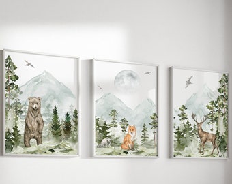 Mountain Forest Nursery Art, Adventure Theme Nursery, Woodland Animal Prints, Woodland Nursery Decor, Mountain Nursery Decor, Forest Nursery