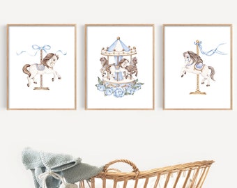 Carousel Horse Nursery Art, Boy Nursery Decor, Baby Blue Nursery Prints, Horse Nursery Wall Art, Animal Nursery Wall Art Prints, Baby Shower