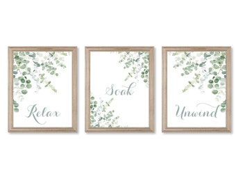 Watercolor Eucalyptus Bathroom Art Prints, Farmhouse Soak Relax Unwind