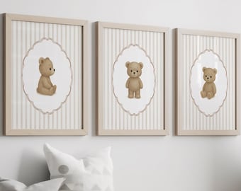 Watercolor Teddy Bear Nursery Prints, Gender Neutral Beige Nursery Decor