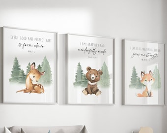 Woodland Animals Nursery Print Set, Bible Verse Art