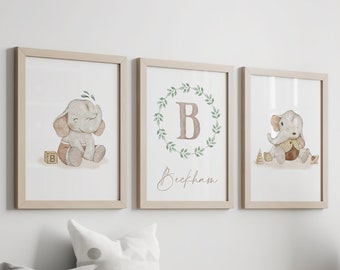 Watercolor Elephant Print Set, Safari Nursery Decor, Boho Baby Animal Prints