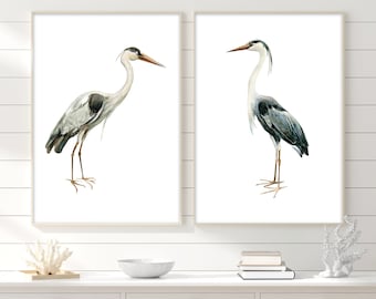 Watercolor Heron Print Set, Coastal Beach House Wall Art