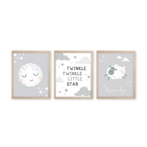 Set of 3 Sheep Nursery Decor, Moon and Stars Nursery Prints, Grey Nursery Art, Gray Nursery Art, Lamb Nursery Prints, Gender Neutral Nursery