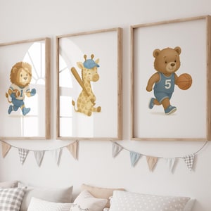 Sports Animal Nursery Decor, Baby Animals Sport, Baby boy Sports Nursery, Safari Nursery Prints, Animal Sports Art, Football, Baseball Art