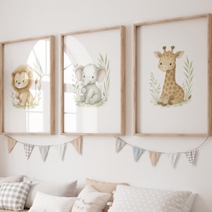 Watercolor Safari Animal Nursery wall art, gender neutral nursery, neutral nursery, green nursery prints, lion, elephant, giraffe, botanical