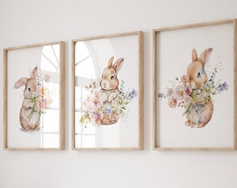 Bunny Nursery Prints, Watercolor Bunny Floral Print, Girl Nursery Wall Art Rabbit, Bunny Nursery Decor, Wildflower Nursery Decor, Rabbit Art