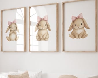 Watercolor Bunny Nursery Prints, Beige & Brown, Set of 3
