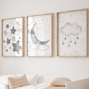 Gray Nursery Wall Art, Grey Nursery Decor, Moon and Stars Nursery, Gender Neutral Baby Room Decor, Moon and Stars Prints, Stars and Moon Art