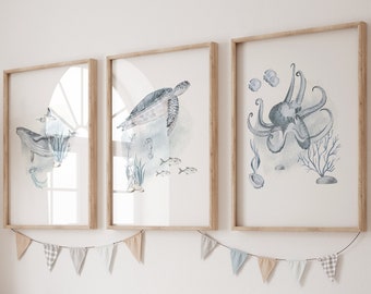 Nautical Nursery Print Set, Watercolor Ocean Animals