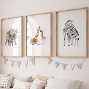 Safari Animal Prints, Elephant Giraffe Zebra, Animal Nursery Prints, Safari Nursery Decor, Watercolor Animal Prints, Gender Neutral Nursery