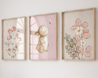 Decoración de la guardería del conejito, decoración de la guardería de la niña, impresiones del dormitorio de la niña, decoración de la guardería rosa, arte de la pared de la guardería, impresiones de arte del vivero del conejito botánico