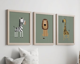 Safari Animal Nursery Prints, Sage Green Wall Art, Set of 3