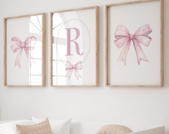 Pink Bow Watercolor Nursery Prints, Baby Girl Wall Art
