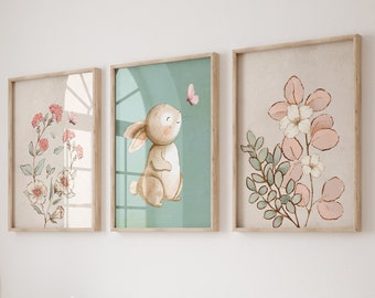 Botanical Bunny Nursery Prints, Pink & Green Baby Girl Decor