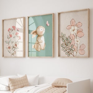Botanical Bunny Nursery Prints, Pink & Green Baby Girl Decor