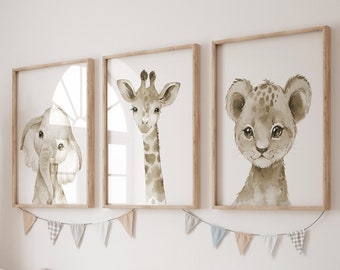 Watercolor Animals Nursery wall art, gender neutral nursery, neutral nursery, baby room decor, lion, tiger, elephant, giraffe, animal prints