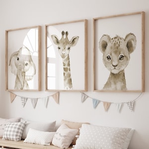 Watercolor Animals Nursery wall art, gender neutral nursery, neutral nursery, baby room decor, lion, tiger, elephant, giraffe, animal prints