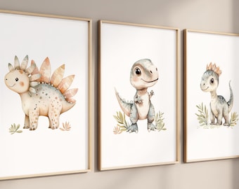 Set of 3 Watercolor Dinosaur Nursery Prints, Neutral Tones Wall Art