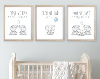 Watercolor Elephant Baby Boy Nursery Prints, Minimalist Decor
