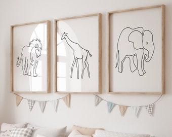 Animal Nursery wall art, safari line art, safari nursery, gender neutral nursery, minimalism nursery, baby room art, lion, elephant, giraffe