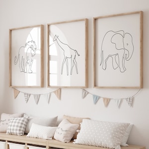 Animal Nursery wall art, safari line art, safari nursery, gender neutral nursery, minimalism nursery, baby room art, lion, elephant, giraffe