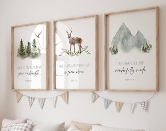 Baby Bible Verse Wall Art, Watercolor Forest Nursery Print Set