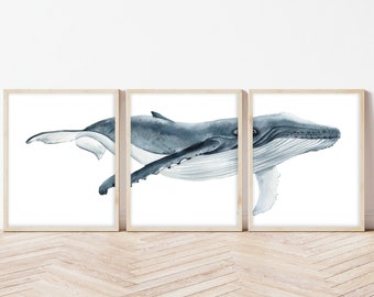 Watercolor Whale Art Print Set, Nautical Coastal Decor