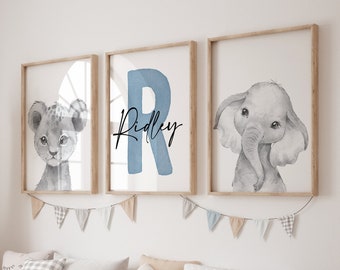 Safari Animal Nursery Prints Set, Watercolor Elephant, Lion, Personalized Name Art