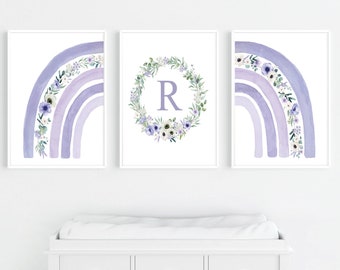 Purple Floral Rainbow Nursery Prints, Girls Room Decor
