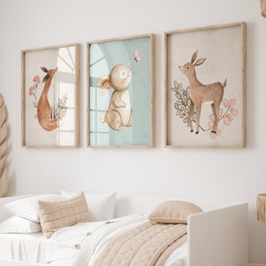 Woodland Animal Nursery Prints, Set of 3, Pink & Green