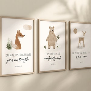 Boho Nursery, Christian Nursery Decor, Bible Verse Art, Gender Neutral Nursery, Scripture Print, Woodland Animal Prints, Forest Nursery