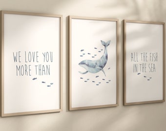 Watercolor Whale Nursery Print Set, Ocean Theme, Gender Neutral