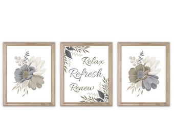 Neutral Floral Bathroom Art Prints, Relax Refresh Renew, Beige Tan Gray