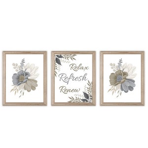 Bathroom Wall Art. Relax Refresh Renew. Bathroom Art. Bathroom Prints. Flower Art. Flower Prints. Neutral Bathroom Decor. Beige Tan Gray