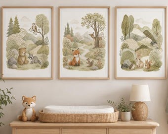 Woodland Animal Nursery Wall Art Set of 3, Neutral Forest Animal Prints, Sage Green Baby Room Decor, Bear Fox Bunny Nursery Prints