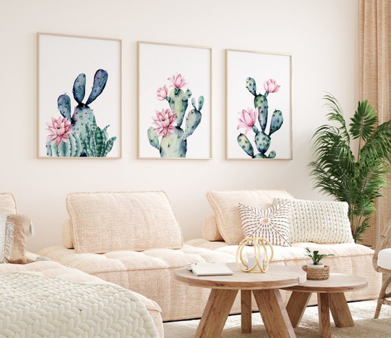 Boho Cactus Wall Art Set of 3 | Pink Floral Desert Prints | Southwest Decor | Modern Botanical Wall Art