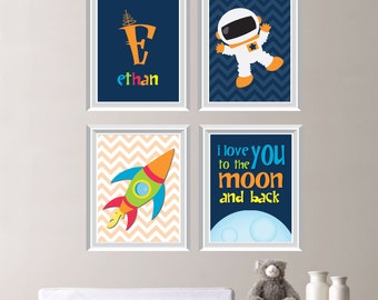 Astronaut Love Print Quad - Baby. Decor. Kid. Nursery. Boy. Space. Rocket. Shown in Navy Orange Green Yellow - You Pick the Size (NS-215)